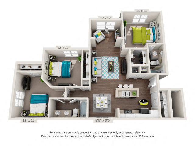 Floor plan for 3 beds, 2 baths, 1305 sqft